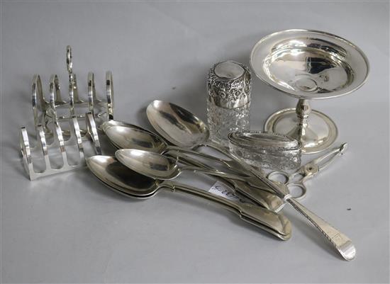 Mixed silver and other items including tazze, 18th century silver basting spoon, scent bottle, two toastracks etc.
